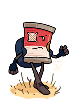 An angry soup can wearing a blue backpack.