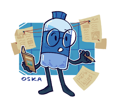 A blue water bottle journalist surrounded by some newspaper articles.