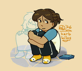 A person looking exhausted as a ghost leans on their shoulder.