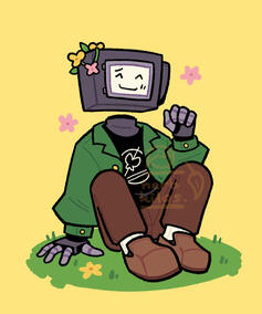 A humanoid camcorder sitting on a grass patch with flowers.