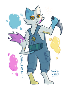An anthropomorphic cat with paint splattered across their body.